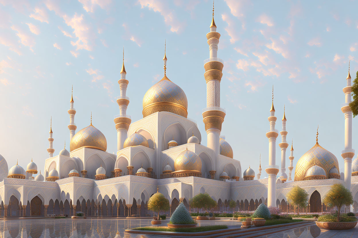 Grand Mosque with Golden Domes and Minarets Reflecting in Water