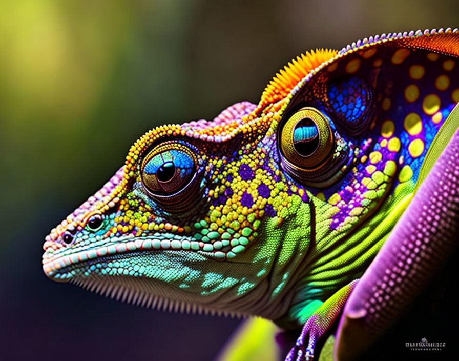 Vibrantly colored chameleon with multicolored scales and bulging eyes