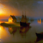 Tranquil harbor sunset with house on peninsula and moored boats in calm water