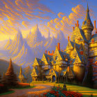 Fantasy landscape with castle, mountains, and dramatic sky