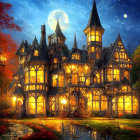 Victorian-style mansion in moonlit night with autumn trees and river