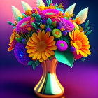 Colorful Stylized Flower Bouquet in Golden Vase on Neon Background