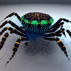 Colorful iridescent spider on delicate web with striped legs