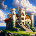 Majestic fairytale castle with multiple towers on island in serene sea