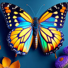 Colorful Monarch Butterfly Wings Spread Above Flowers on Blue Background