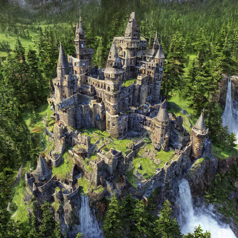 Medieval castle with waterfalls in lush greenery