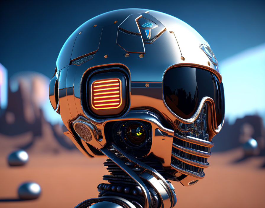 Futuristic Robot Head with Glowing Eye in Desert Scene