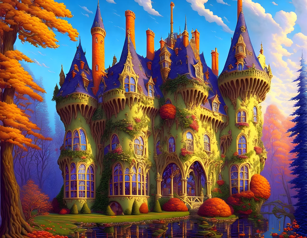 Fantastical castle with spires in autumn sunset landscape