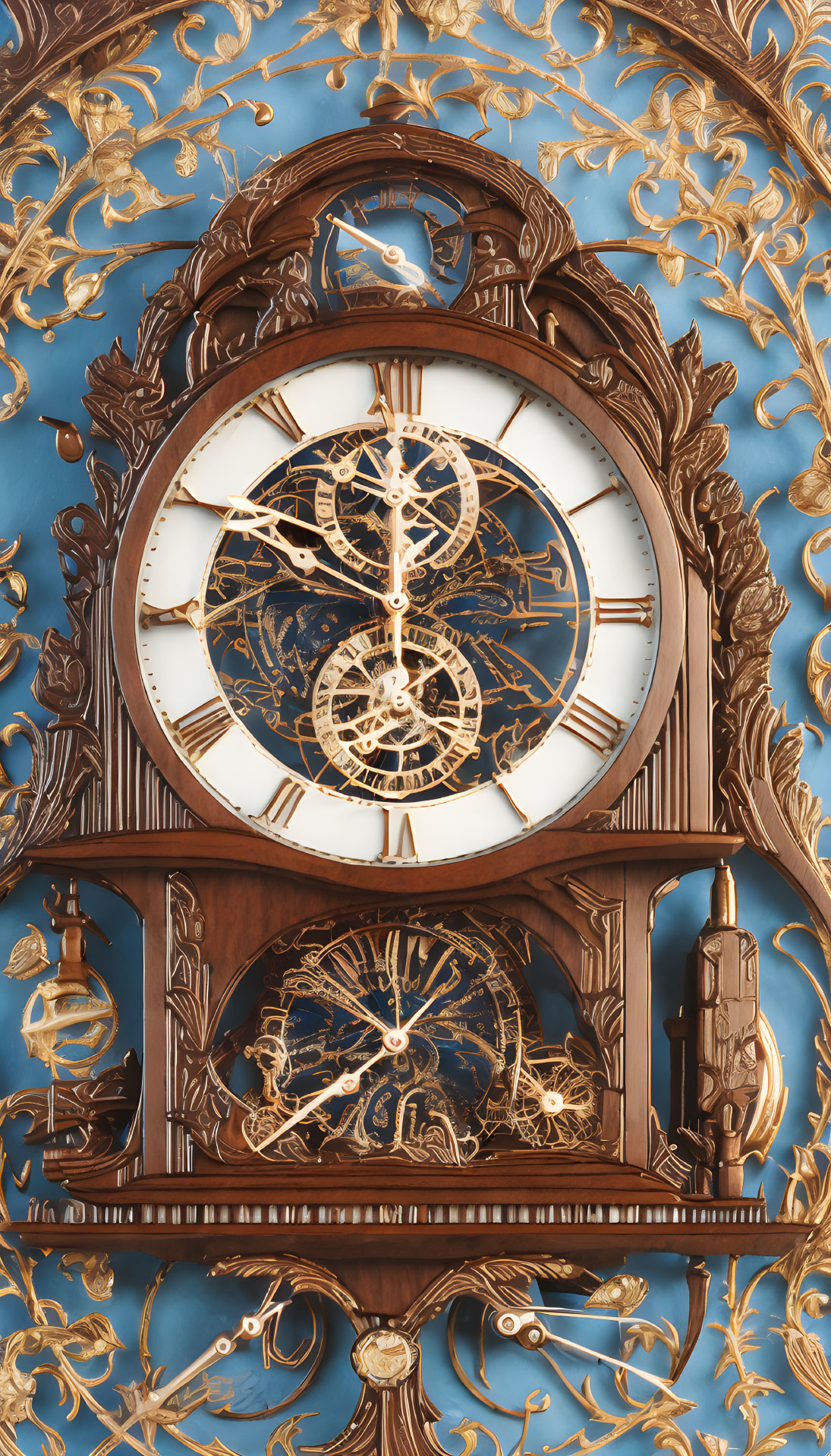 Intricate Astronomical Clock with Multiple Dials on Blue Background