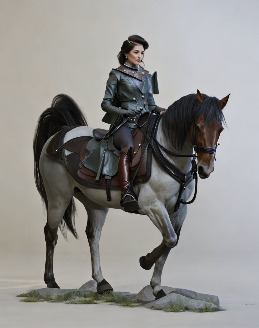 Woman in historical military-style outfit on horseback