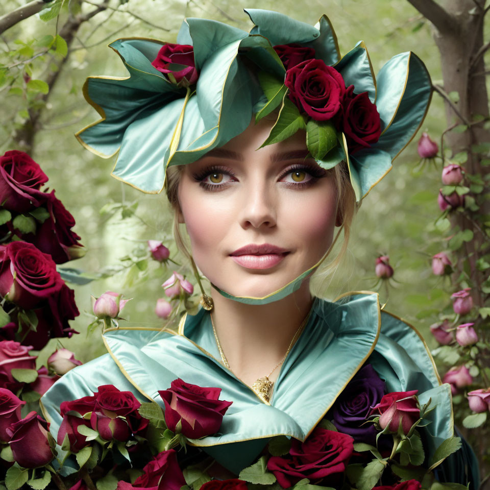 Woman with Floral Headpiece in Teal Attire Surrounded by Roses