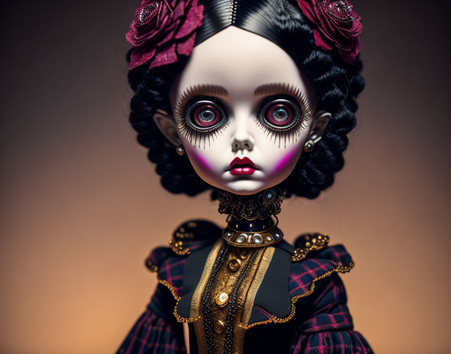 Gothic-style doll with large eyes and dark hair in buns, dressed in vintage black and