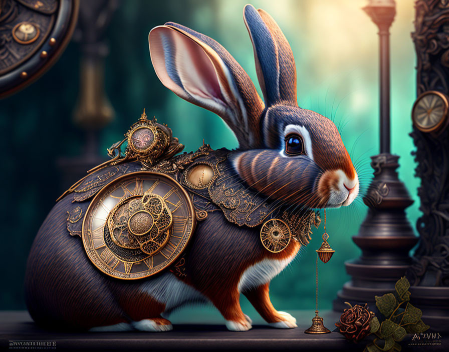 Steampunk mechanical rabbit with clock and gears on vintage backdrop