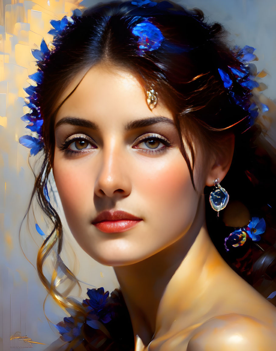 Portrait of Woman with Striking Hazel Eyes and Blue Floral Accessories