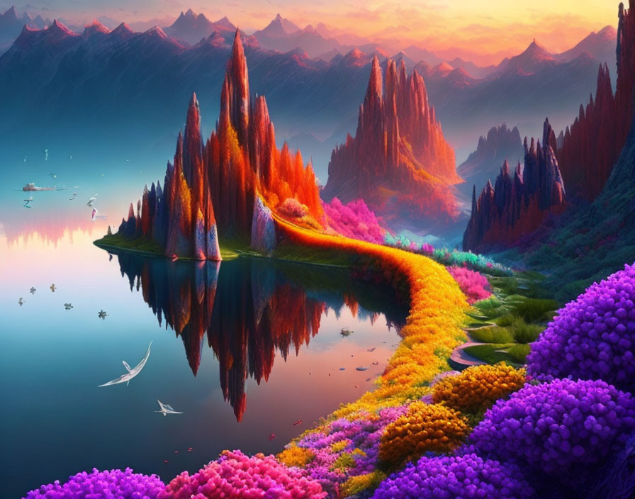 Colorful Fantasy Landscape with Trees, Lake, Mountains, and Boats