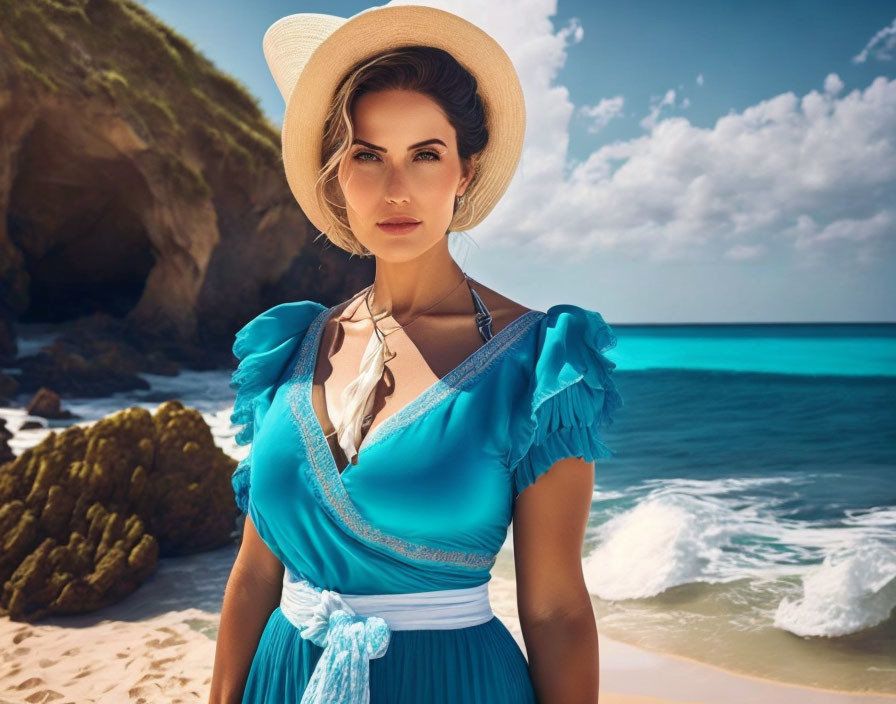 Woman in Blue Dress and Straw Hat on Sandy Beach with Cliffs and Blue Sky