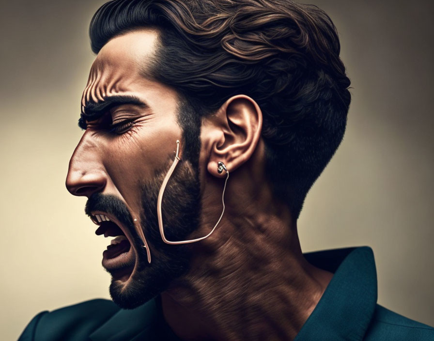 Stylized side portrait of shouting man with facial hair and earring on beige backdrop