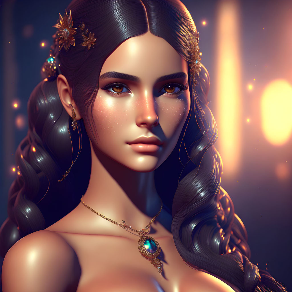 Digital Artwork: Woman with Braided Hair and Sparkling Freckles