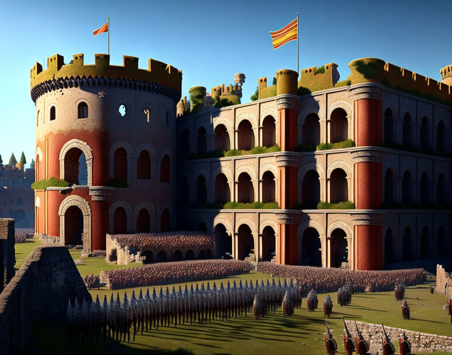 Medieval castle animation with soldiers and flags at sunset