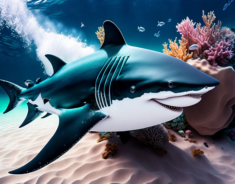 Underwater scene with shark near coral reefs and small fish