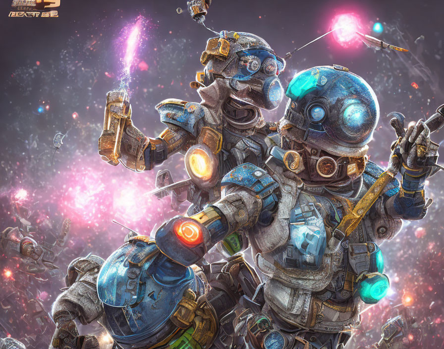 Futuristic robots in intricate armor battle in cosmic setting