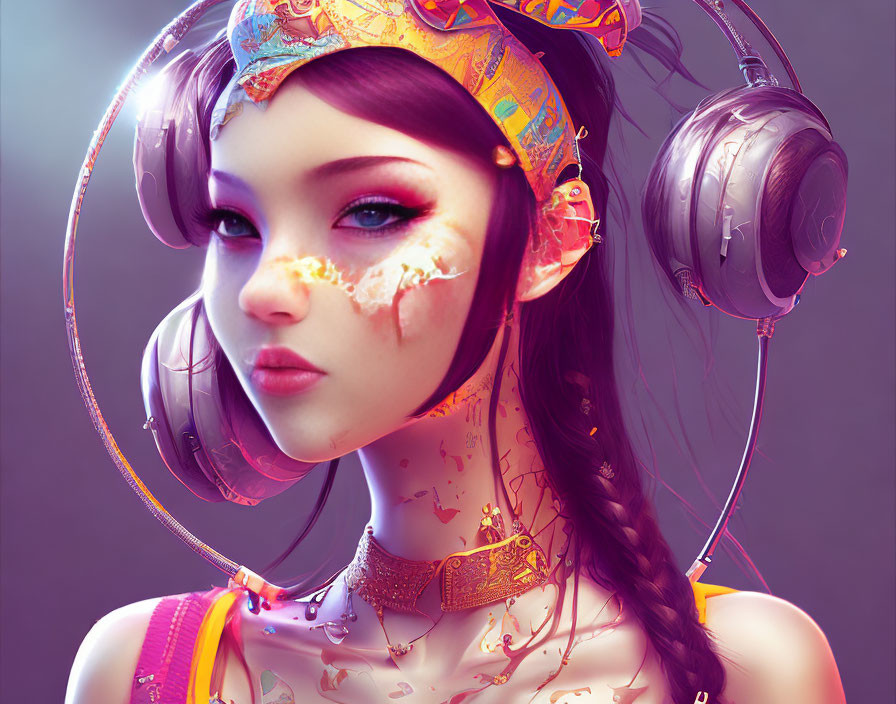 Digital portrait of young woman with purple hair, large headphones, colorful bandana, artistic makeup.