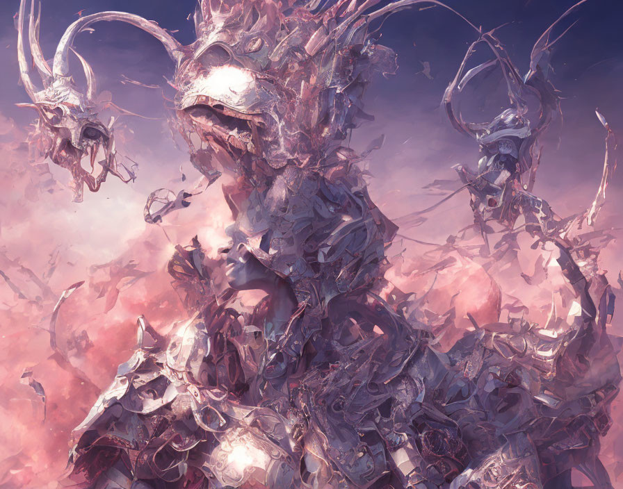 Metallic creatures with horns in dynamic pink cloud background