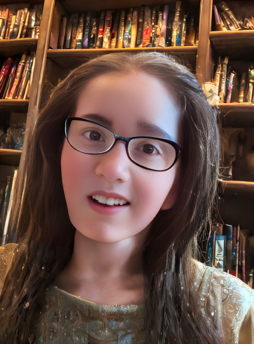 Smiling young girl with glasses in front of colorful bookshelf