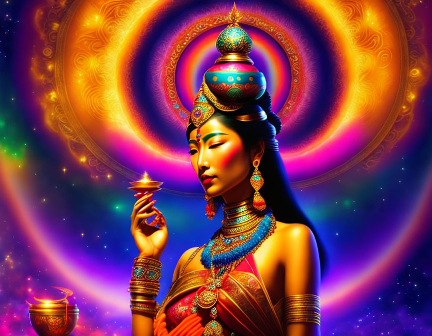 Colorful Woman in Traditional Attire Against Cosmic Background