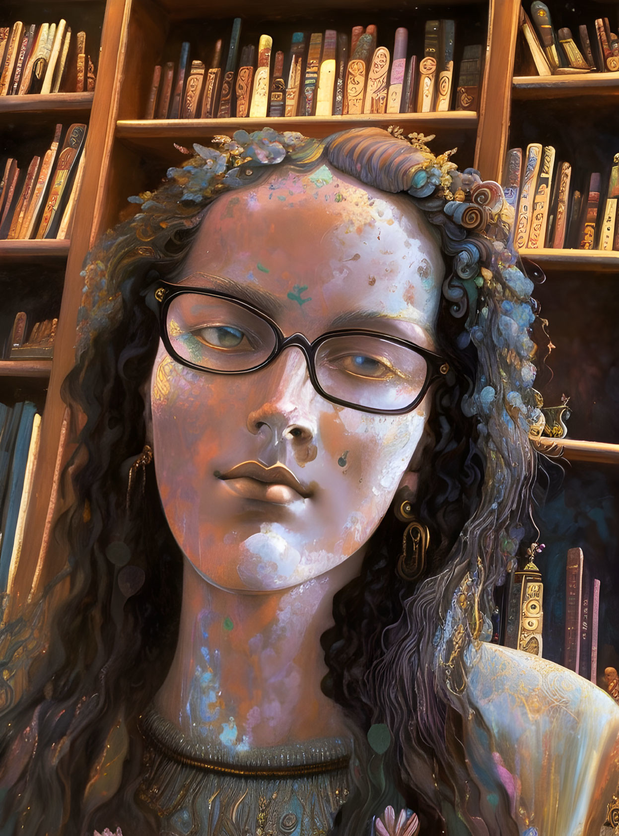 Woman with Glasses Surrounded by Bookshelves and Blue Floral Textures