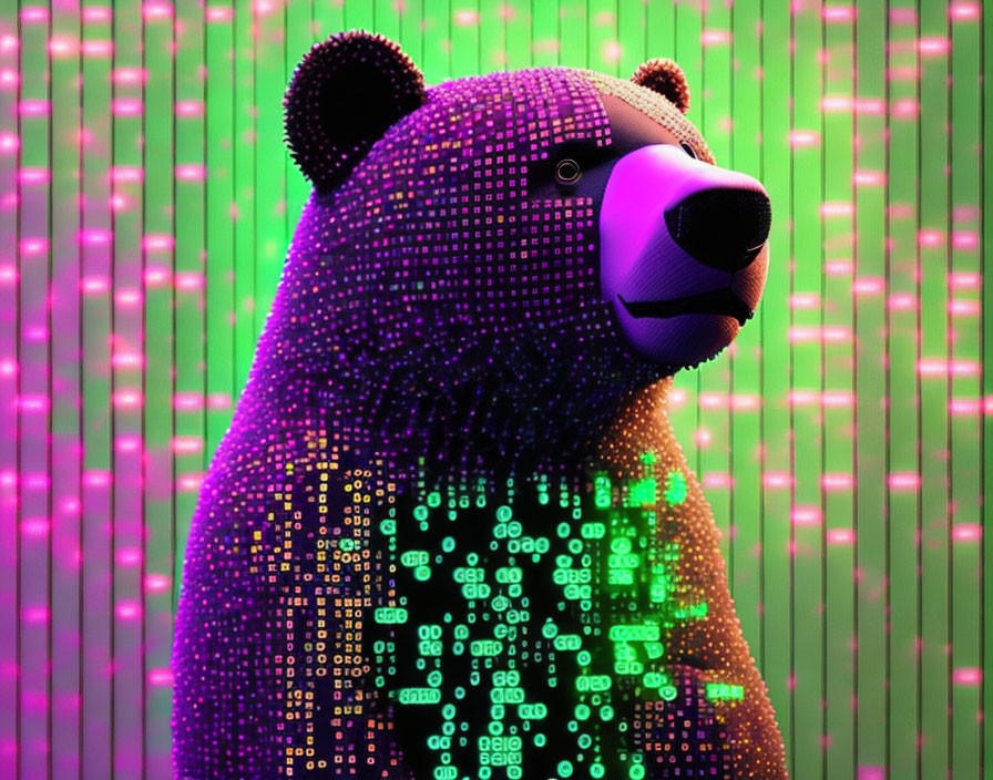 Stylized bear with purple snout in digital art against green binary backdrop