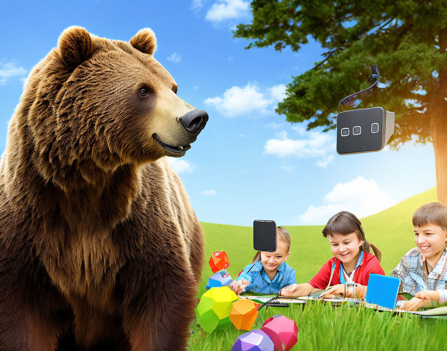 Children playing with a bear in a sunny meadow with a drone and geometric shapes.