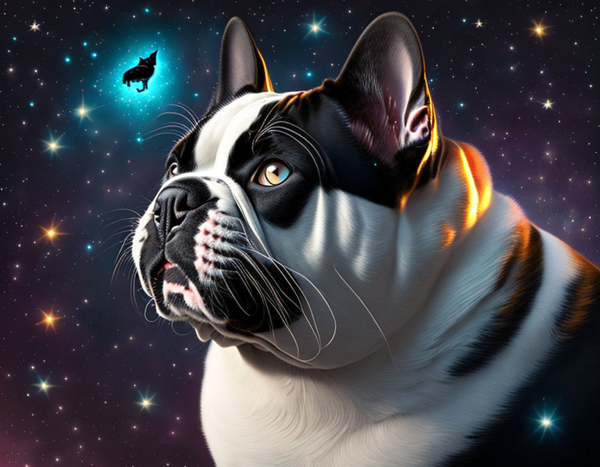 Cosmic Cat Portrait with Starry Background & Spacecraft