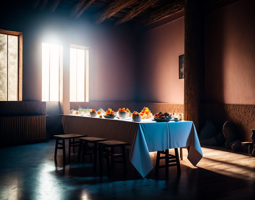 Sunlit Room with Fruit Bowls on Table and Closed Shutters