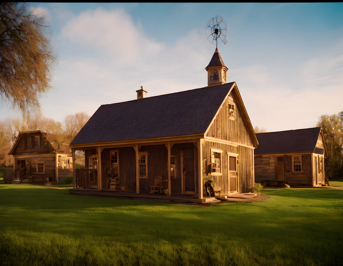 Weathered barn with weather vane in serene countryside setting