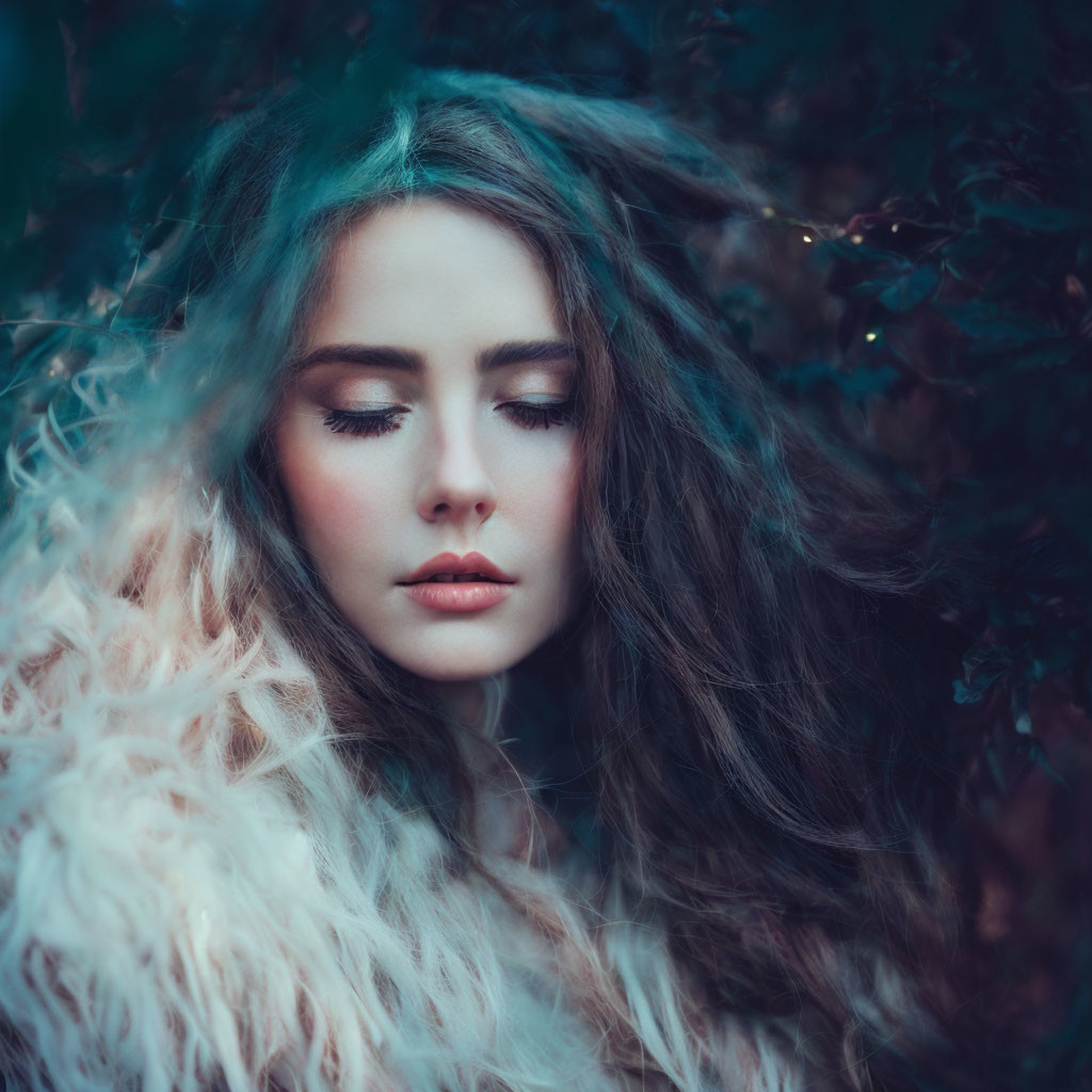 Contemplative woman in fur coat among dark foliage