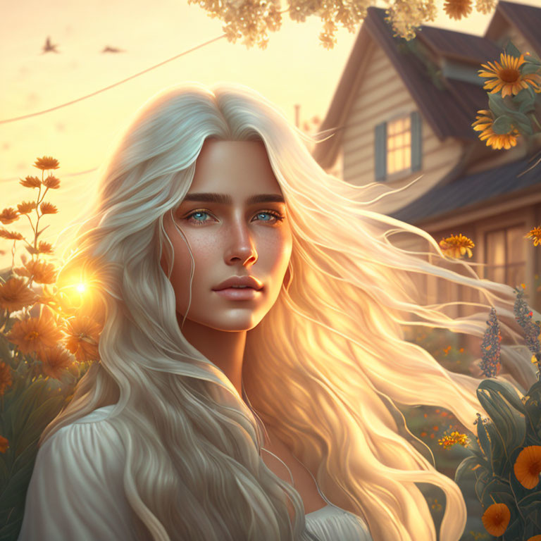 Blond woman portrait with blue eyes in countryside sunset scene