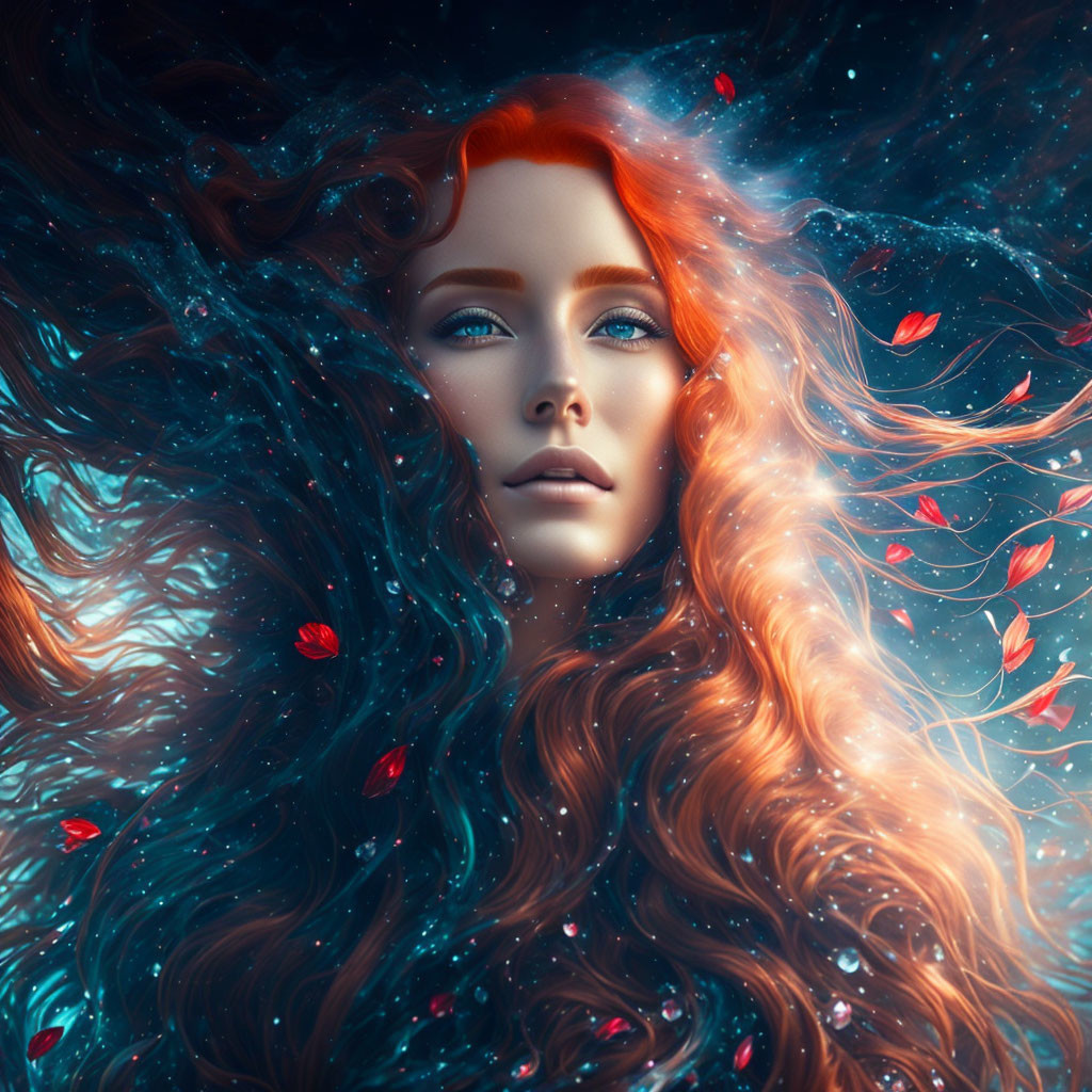 Serene woman with red hair in cosmic space with floating red leaves