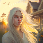 Blond woman portrait with blue eyes in countryside sunset scene