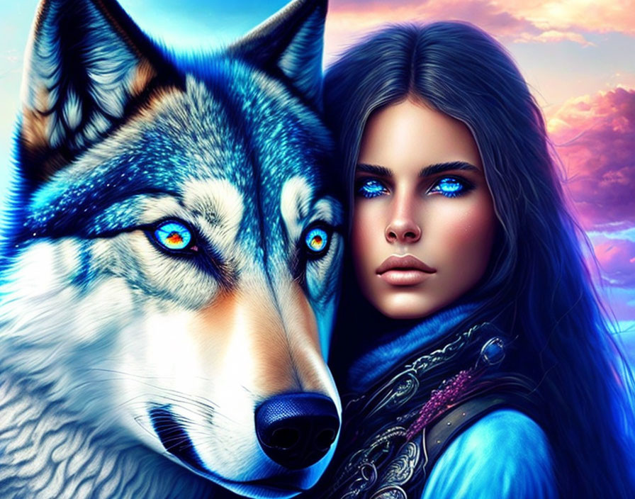 Digital Artwork Featuring Woman and Wolf with Striking Blue Eyes