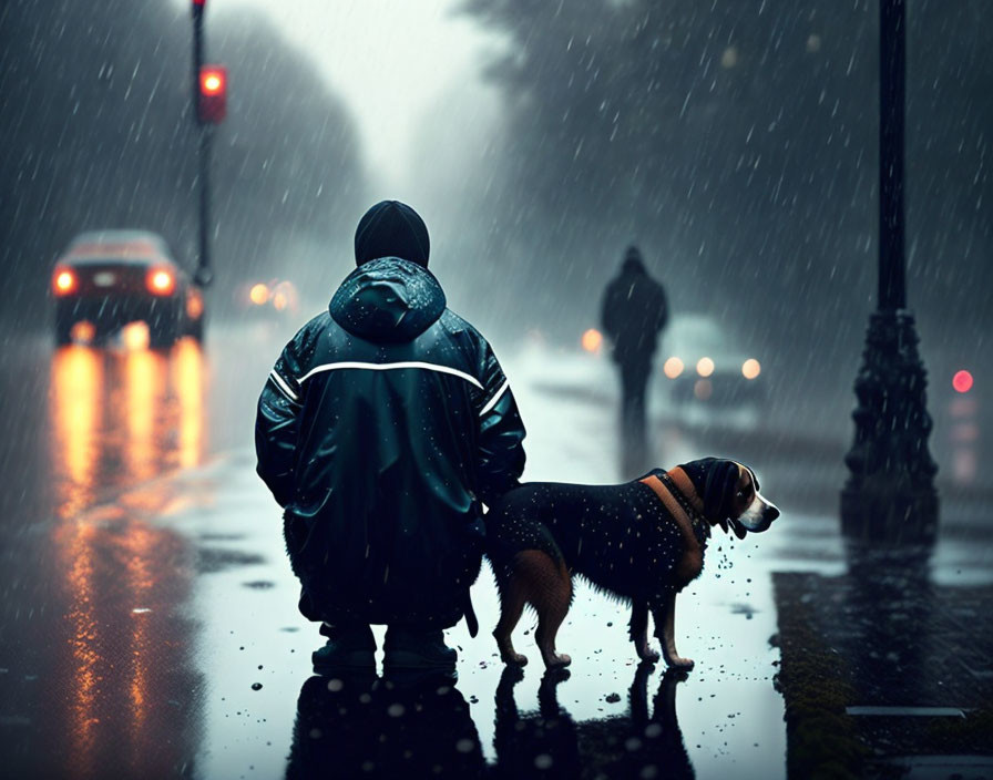 Pedestrian and Dog Waiting in Rainy Street Scene