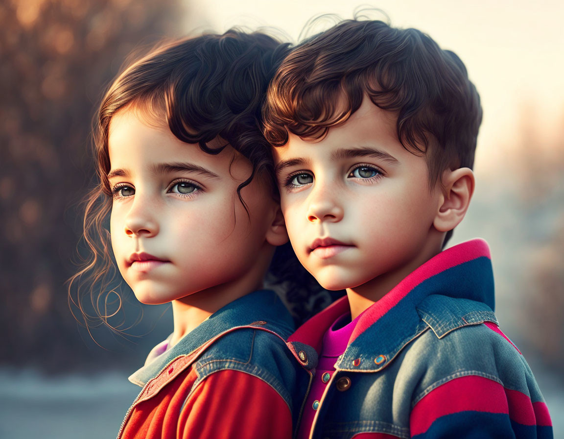 Young children with dark curly hair in pensive pose under golden sunlight