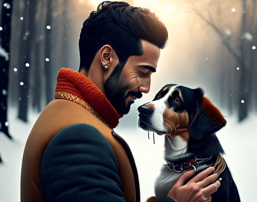 Man with Beard in Winter Clothing Admiring Dog in Snowy Scene