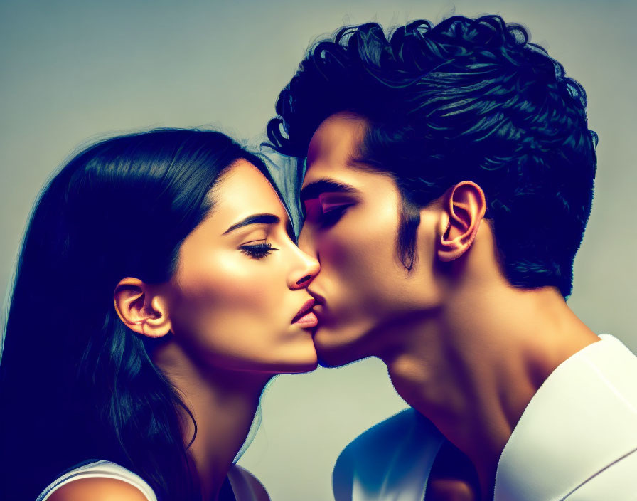 Stylized couple sharing a gentle kiss on neutral background