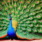 Colorful Peacock with Iridescent Blue and Green Tail Feathers