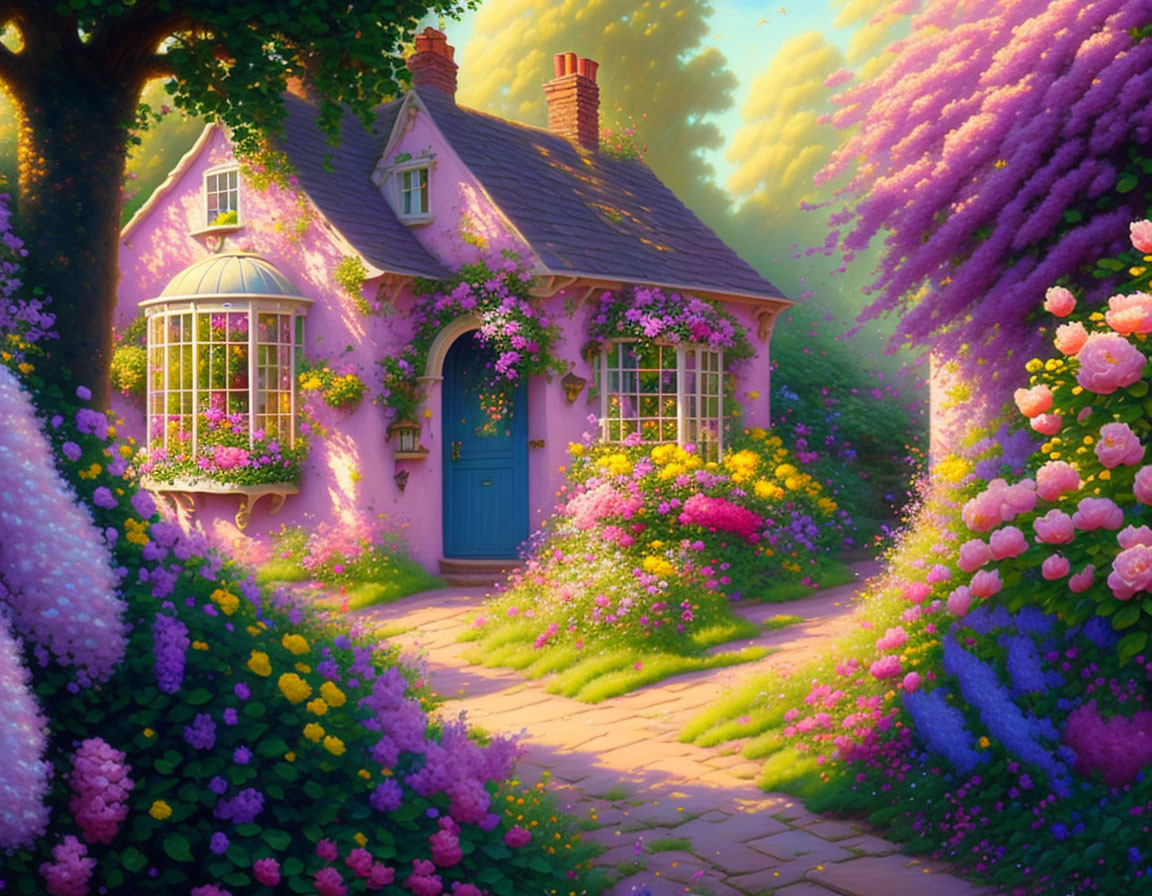 Blue Door Cottage Surrounded by Flowers and Greenery