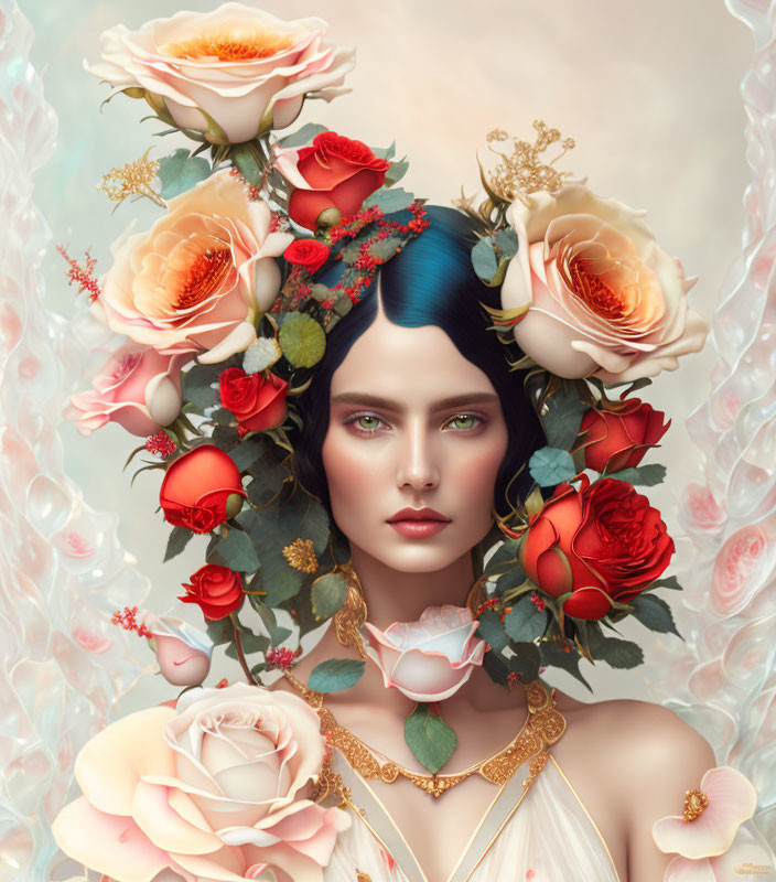 Surreal portrait of woman with peach and red rose floral crown