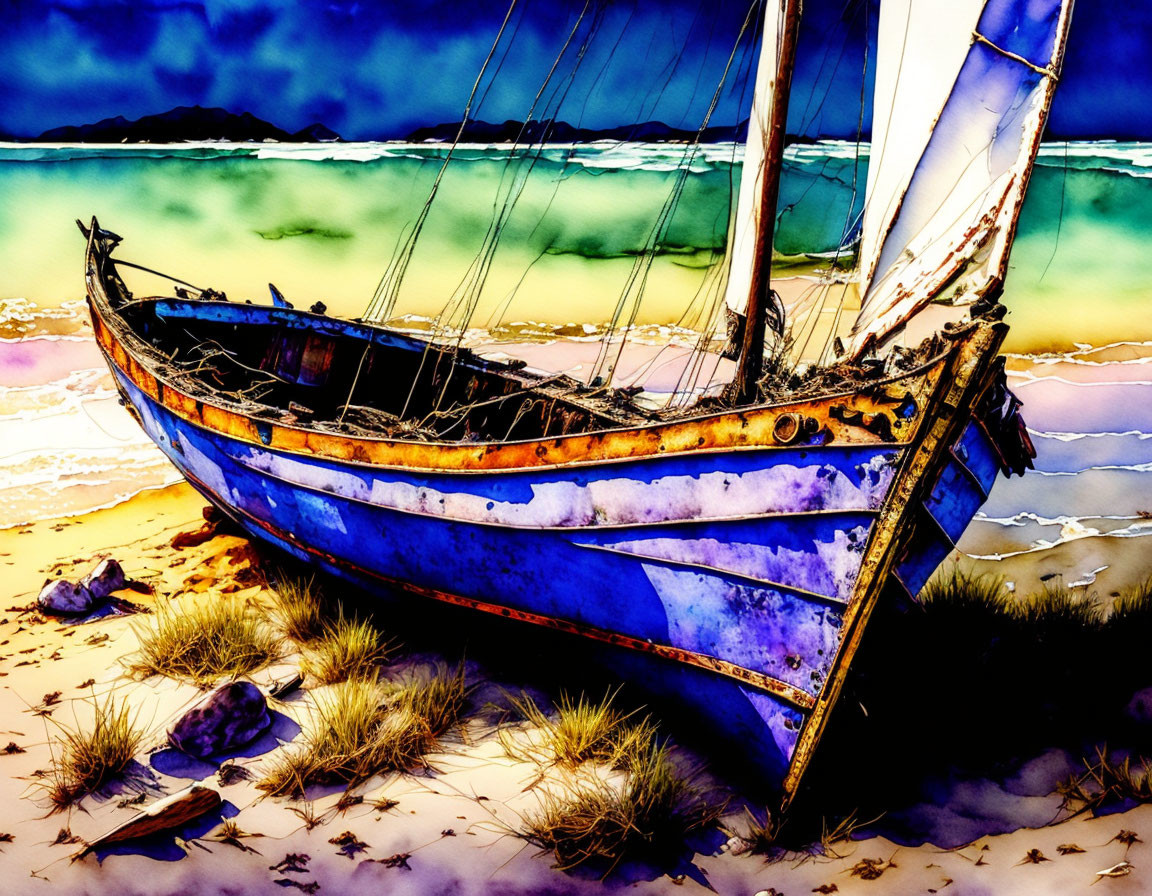 Vibrant painted image: Old blue sailboat on beach with tattered sails