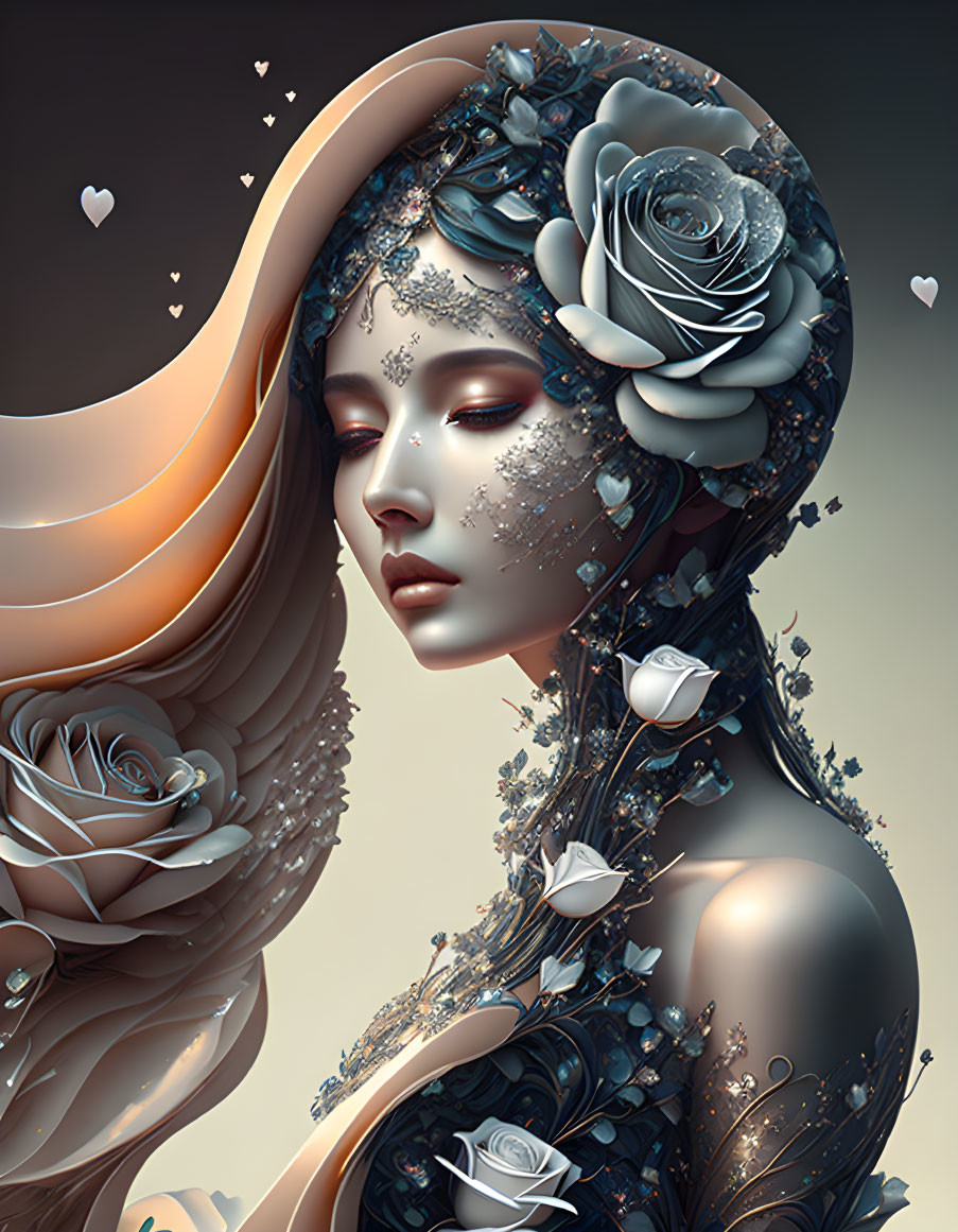 Woman's profile digital artwork with floral and metallic adornments.