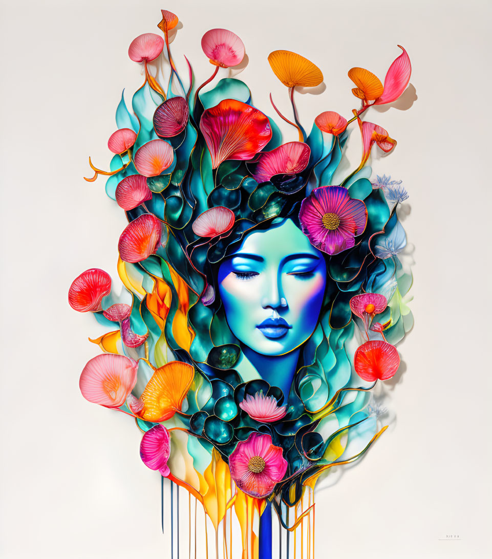 Surreal digital art: Blue female face with colorful floral headpiece